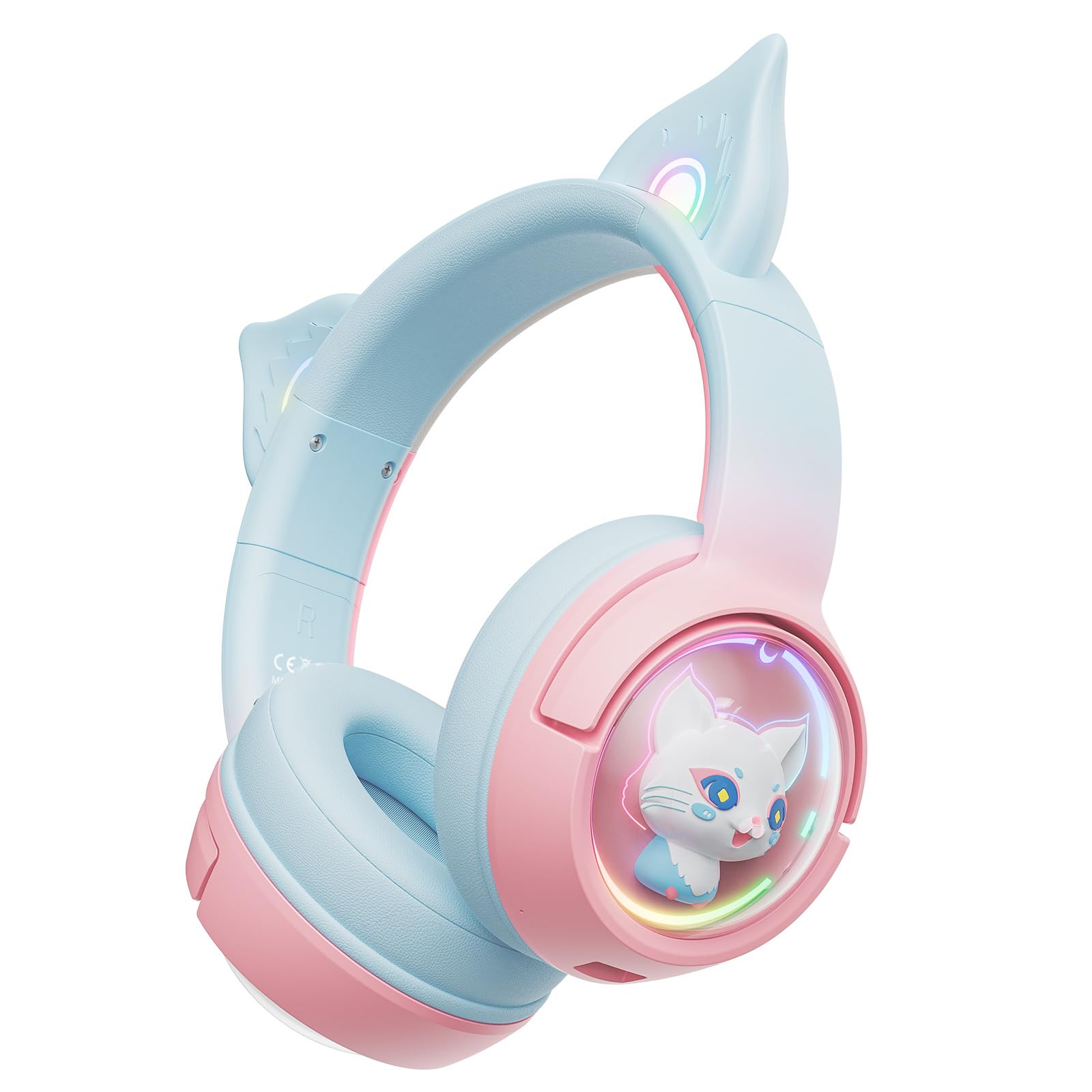 Casque Bluetooth sans Fil avec Oreilles de Chat - avec Microphone - avec lumière LED RVB - 2,4 GHz - USB-avec Oreilles de Chat - Son stéréo HD - pour PC, TV, Tablette