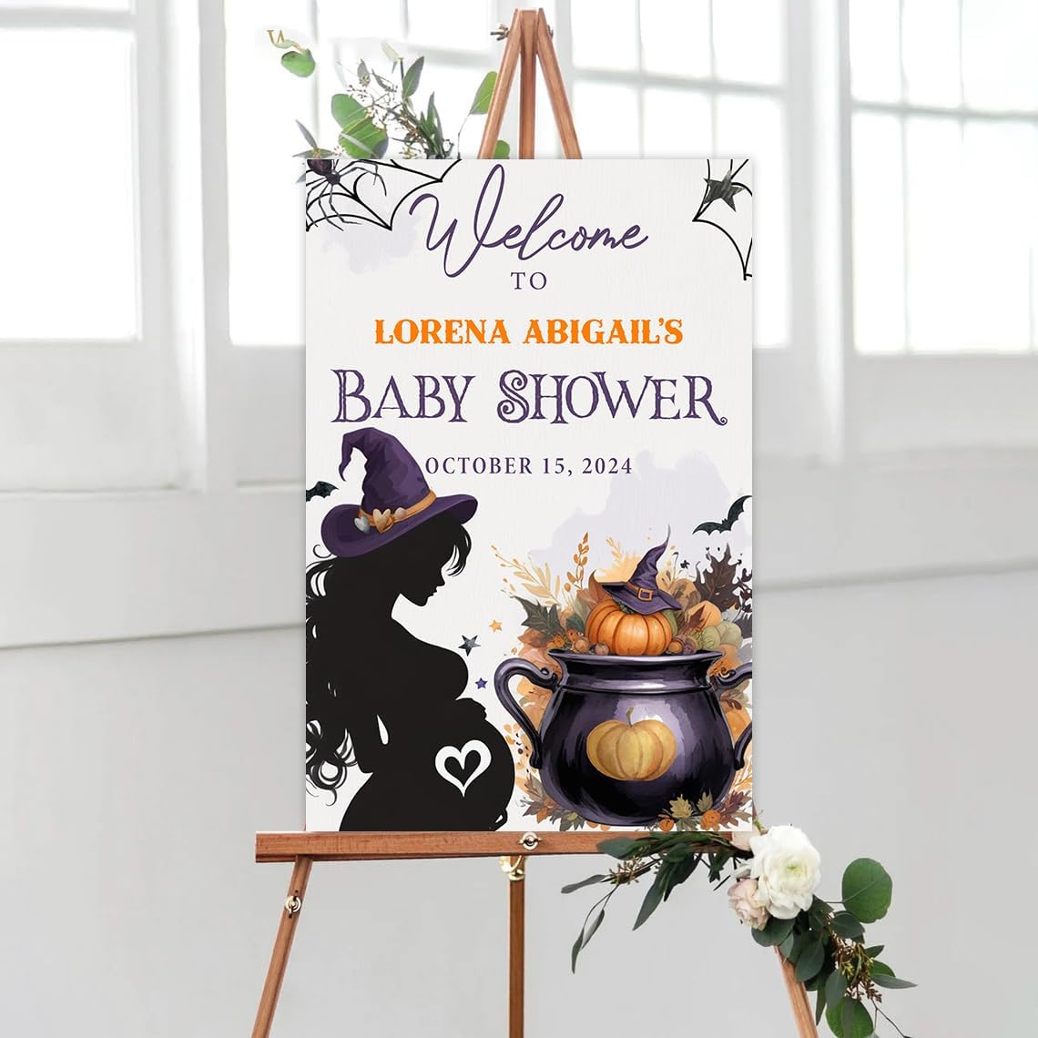 Personalized Baby Shower Halloween Party Welcome Sign, 18" x 24" Rectangular Neon Yard Sign, Polyvinyl Chloride, Modern Style