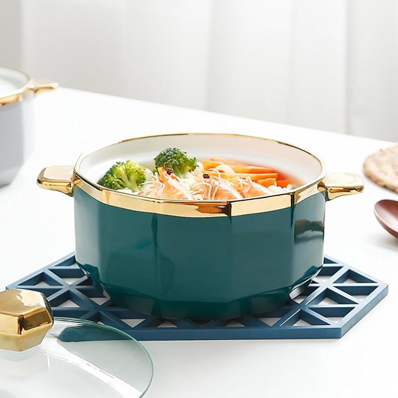 Sopera redonda con tapa de vidrio, cuenco de cerámica for servir sopa, sopera de porcelana for decoración de cocina de restaurante, hogar, apta for microondas y lavavajillas, porcelana(A)