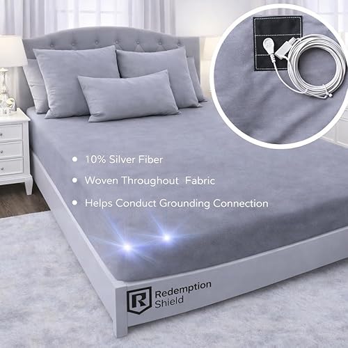 Miniatura 2 de Redemption Shield Sábana bajera ajustable 10% plata 90% algodón peinado, puesta a tierra para un mejor sueño, gris, tamaño Queen