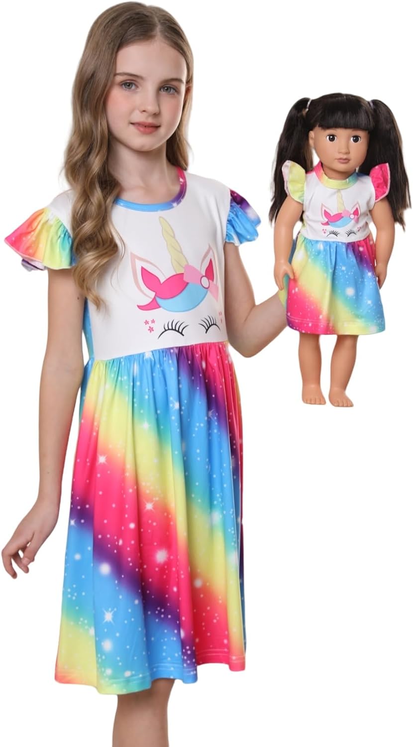Bow Dream Toddler Girls Dress and Matching Girl Doll Clothes Accessories for Girls Rainbow Stripes Unicorn