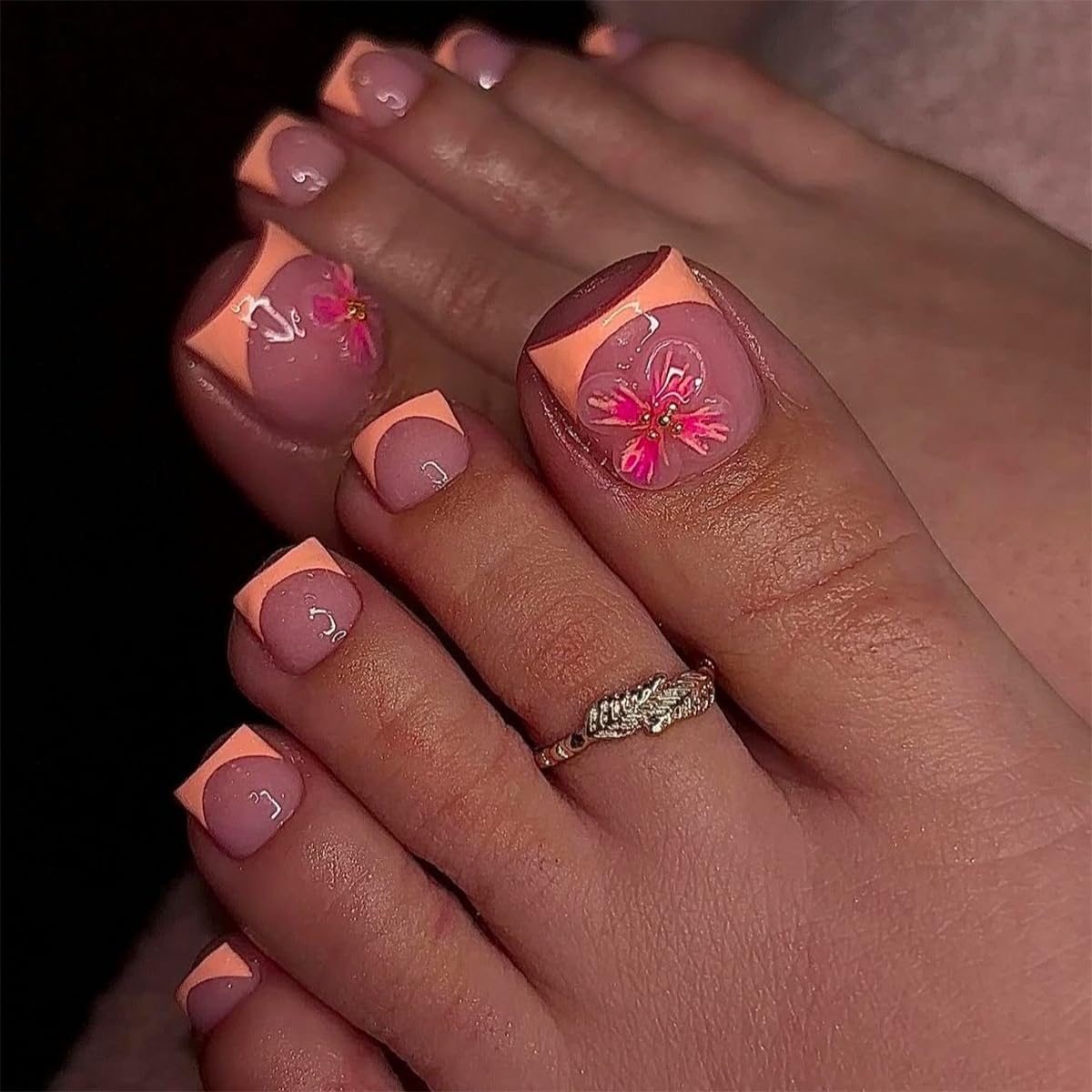French Tip Press on Toenails - Glossy Summer Flower Design