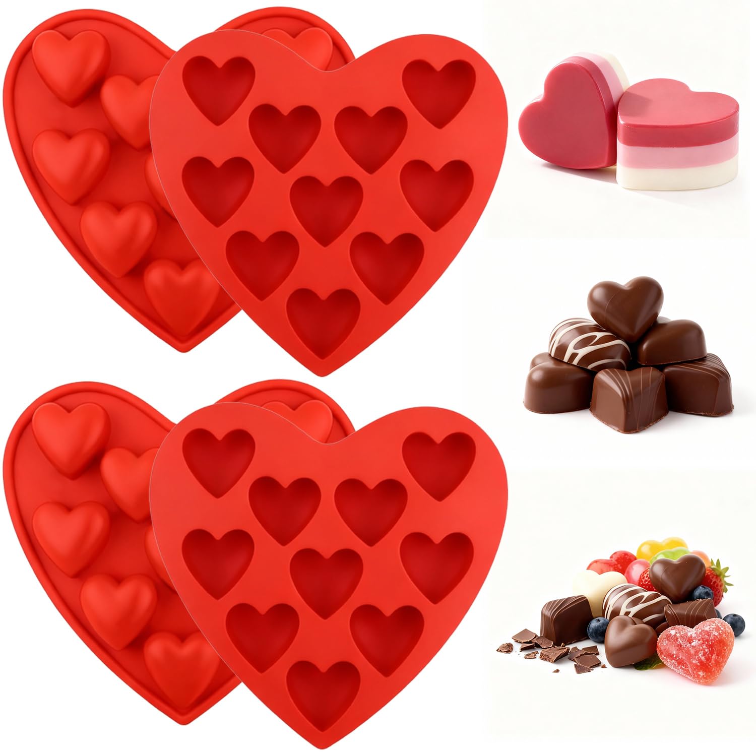 Boao 4 Pack Heart Silicone Molds Valentine's Day for Baking 1.2inch Heart Molds 40 Cavities Suitable for Chocolate Cake Jelly Pudding Handmade Soap