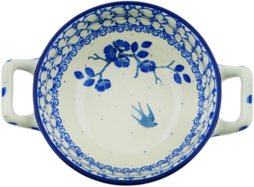 Authentic Polish Pottery Bouillon Cup in Blue Spring Swallow Design Handmade in Bolesławiec Poland by Ceramika Artystyczna + Certificate of Authenticity