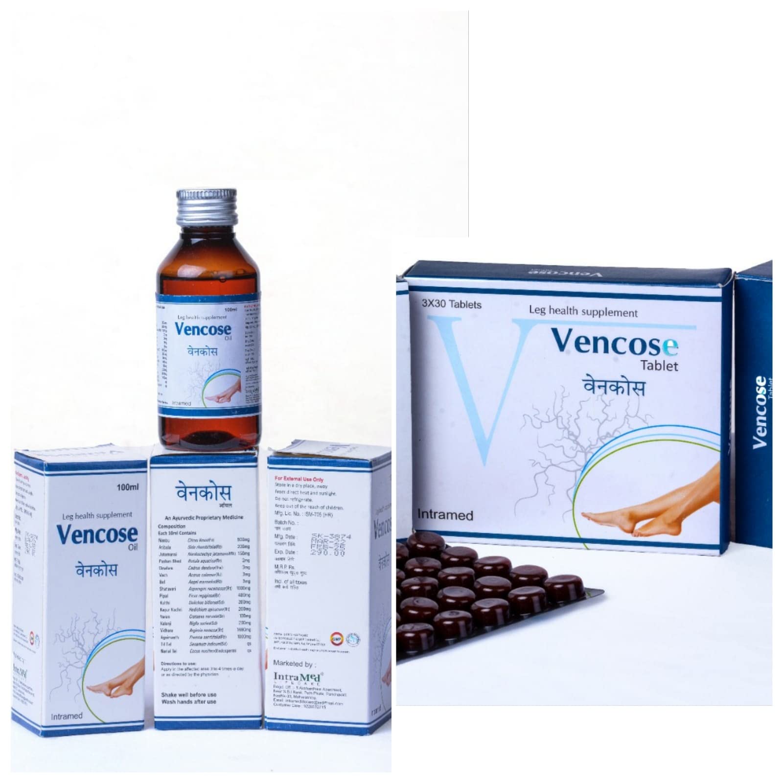 Vencose Combo- Medicine for Vericose Veins | Leg health supplements | Support Heavy Swollen, Itching | Burning foot | Vericose veins- Vencose Oil (1bottle) and Vencose Tablets (90 tablets)