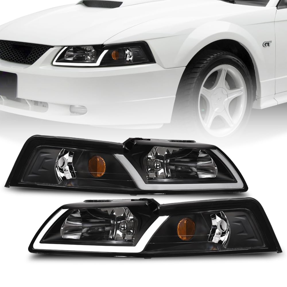 Stehlen 642167826583 Compatible With 1999-2004 Ford Mustang DRL LED Strip Bar Headlights With Signal Amber - Black
