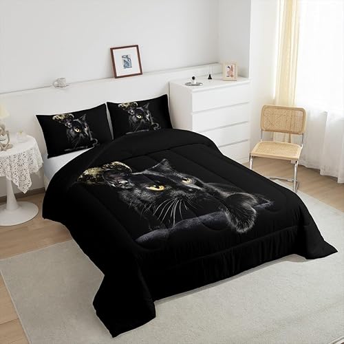 Miniatura 2 de Erosebridal Juego de edredón de gatos tamaño matrimonial, juego de ropa de cama de gato negro para niños, niñas y adolescentes, edredón elegante de