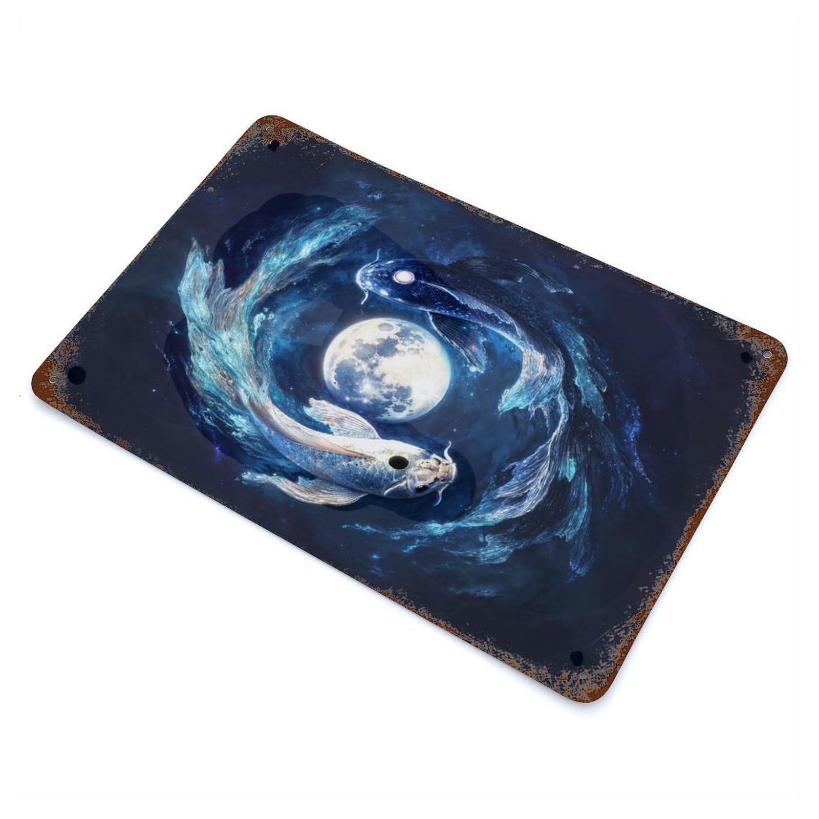 Moonlit Dance of The Koi Vintage Rust Metal Sign 11.8"x7.9", Classic Wall Plaque for Basement, Hobby Room And Garage Decor