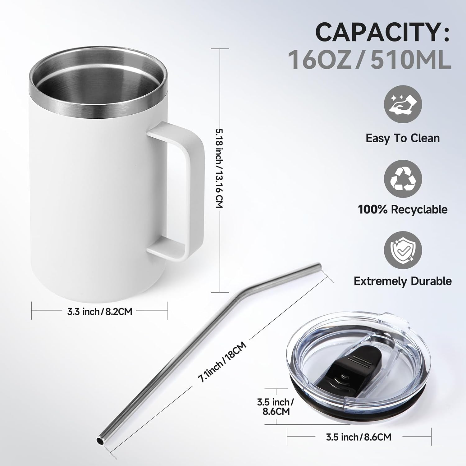 Volhoply 16oz Insulated Coffee Mug with Lid and Straw, Stainless Steel Travel Mugs with Handle, Double Wall Vacuum Leak Proof Coffee Tumbler Cup (White,1) - Image 3