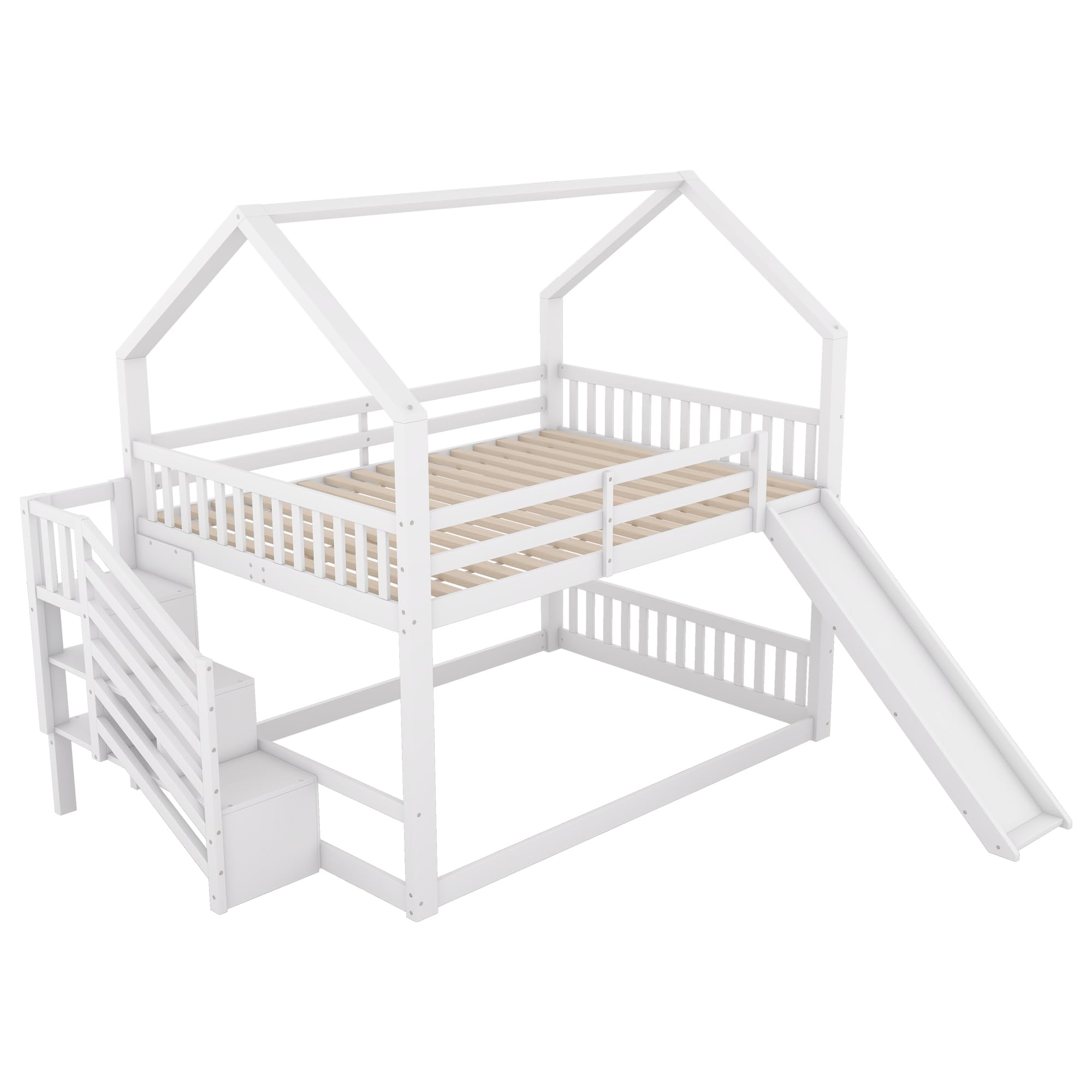 YESGIGA 140x200cm Etagenbett mit Stauraumtreppe und Rutsche, Hausbett, Kinderbett mit Geländer, geeignet für Kinder, Jugendliche (Weiß)