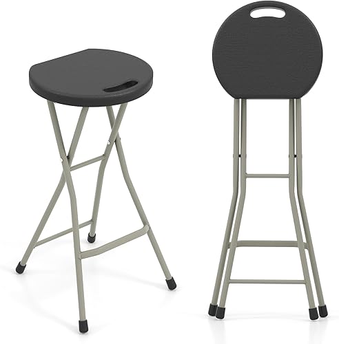 GYMAX Taburete plegable, taburete de bar plegable portátil de 28 pulgadas con asa y marco de acero, 330 libras, resistente, plegable, ligera, silla