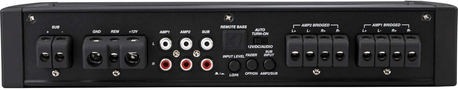 Rear panel of the KICKER KXMA900.5 Marine Amplifier showing power, ground, remote, input, and speaker terminals