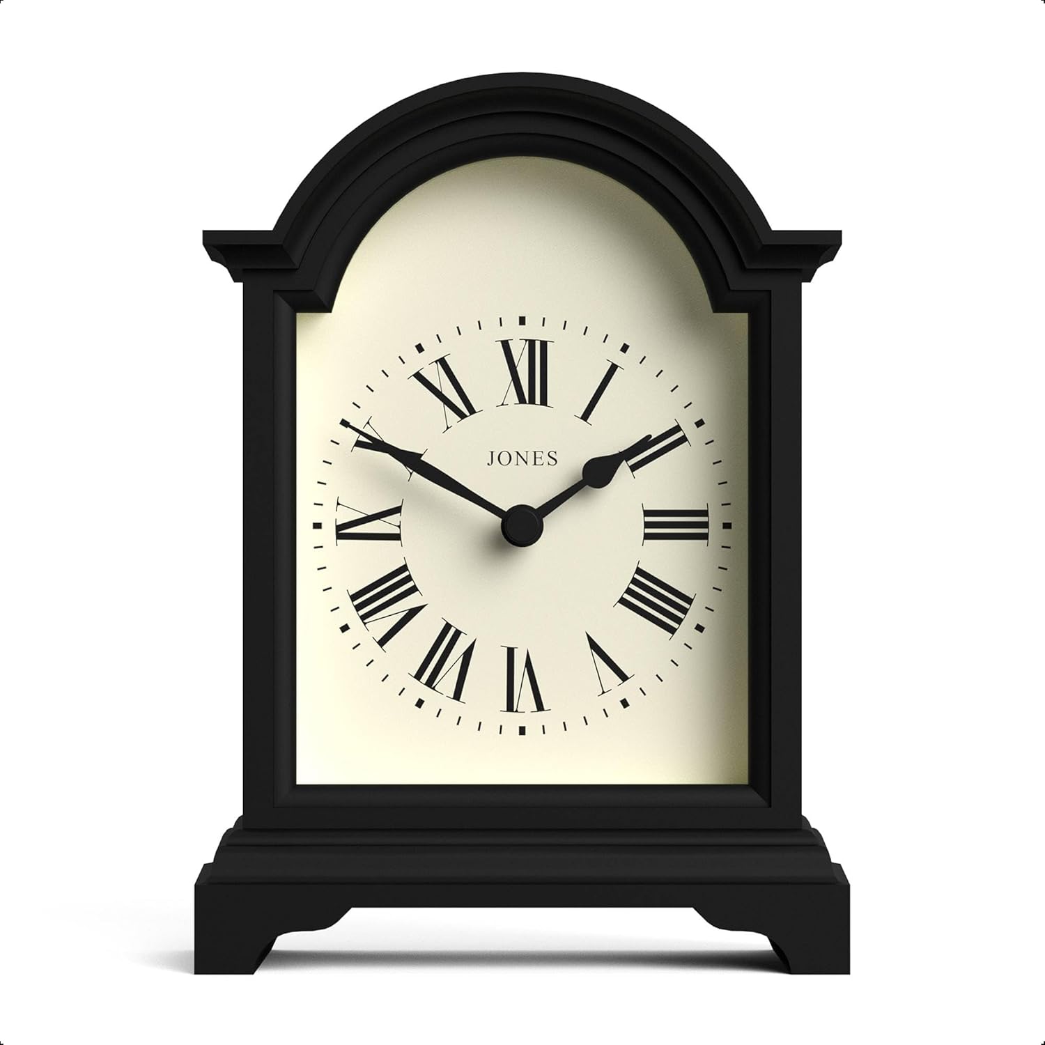 JONES CLOCKS® Bistro Mantel Clock | Small Classic Arch top Carriage Clock Design | Black | Contemporary Classic Style for Mantel, Desk, Table, Shelf and Bedside