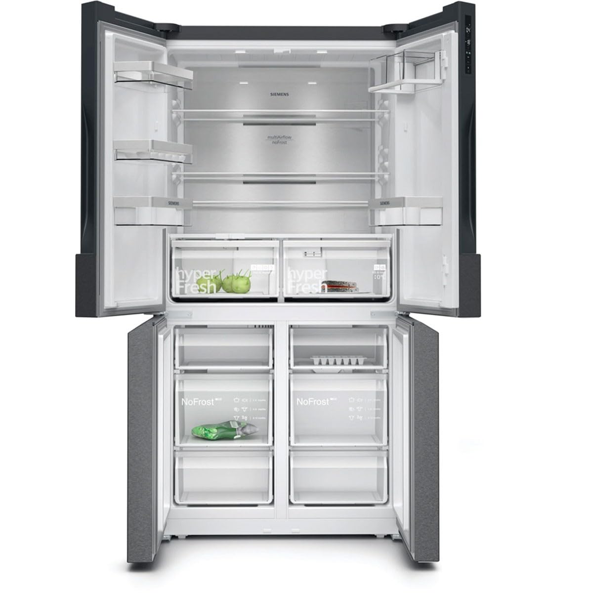 Siemens KF96NAXEA iQ500 French Door Kühlschrank, 183 x 91 cm, 405 L Kühlen + 200 L Gefrieren, hyperFresh längere Frische, noFrost nie wieder abtauen, superCooling schnellere Kühlung, Edelstahl Schwarz