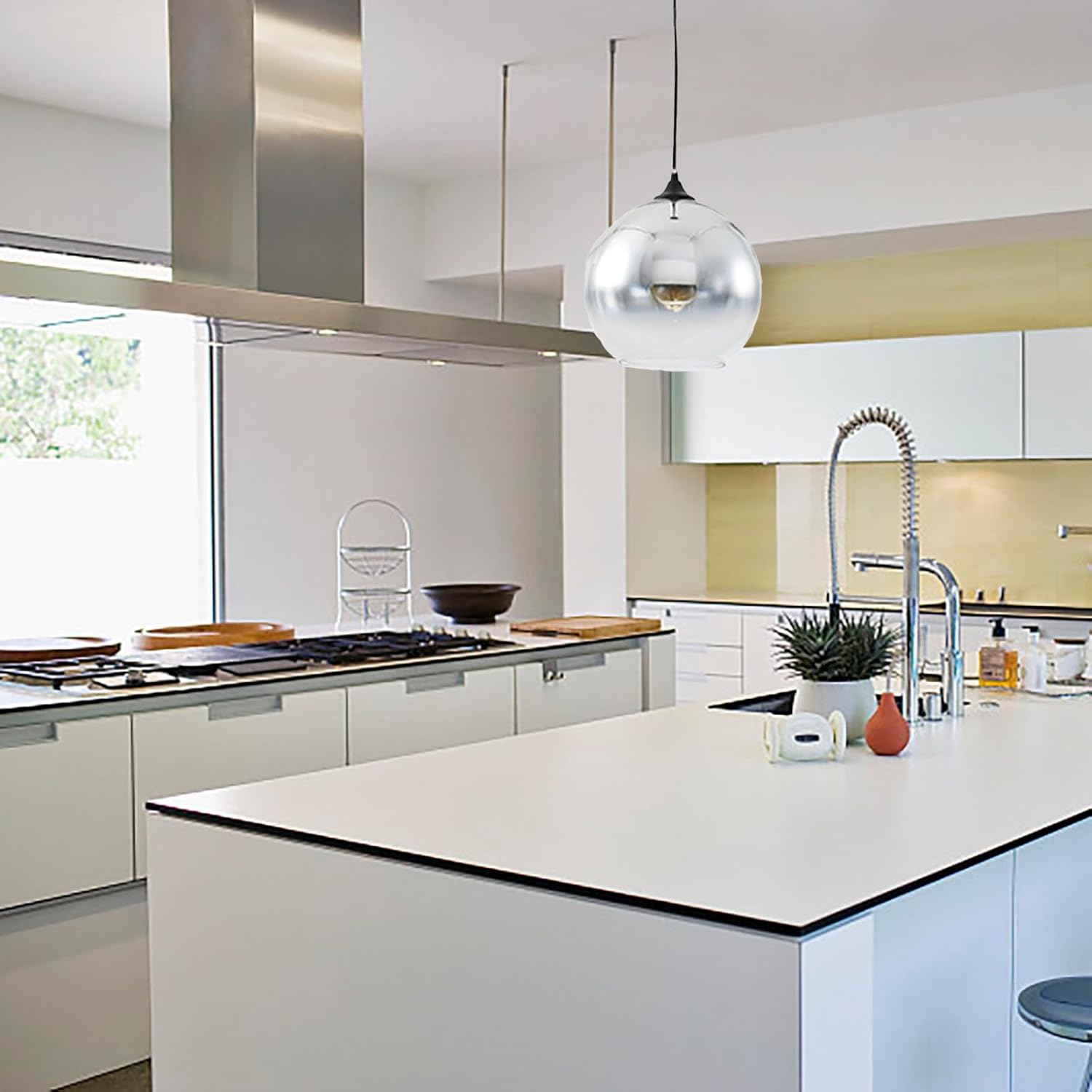 Modern Silver Glass Globe Pendant Light Fixtures Minimalism Glass Ball Pendant Hanging Lamp for Kitchen Island Bedroom Bedside(Silver)