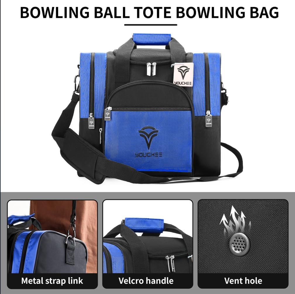 Single Ball Bowling Bag with Padded Ball Cup, Fits Men's Bowling Shoes Up to Size 15, Durable 600D Fabric Bowling Tote with Accessory Pockets for League & Practice