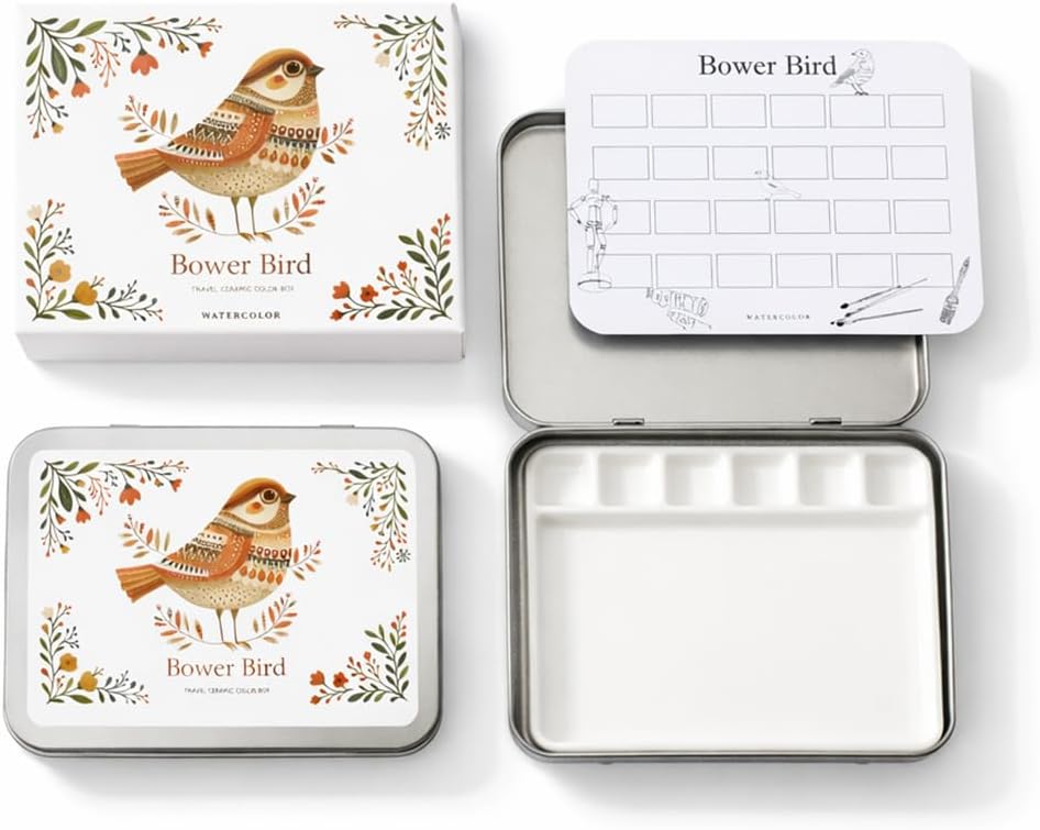 Bower Bird Travel Ceramic Watercolor Palette with Porcelain Mixing Tray, Metal Tin Box, White, 5.3x3.5x0.55 Inches, Portable Art Kit (6Well)