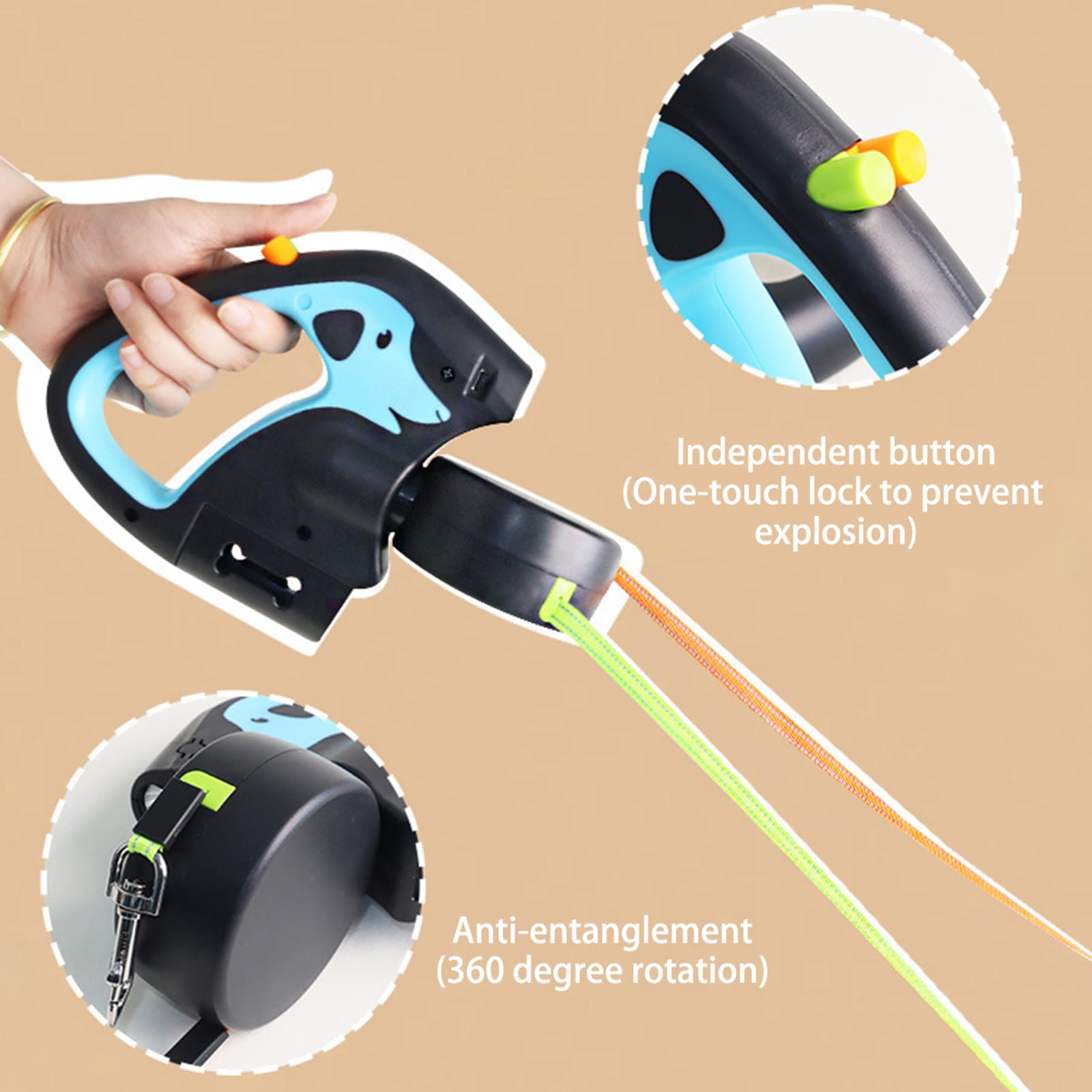 Correa para perro para entrenamiento de obediencia, mango doble de 10 pies de largo con luz LED y dispensador de bolsas para excrementos para control sin enredos