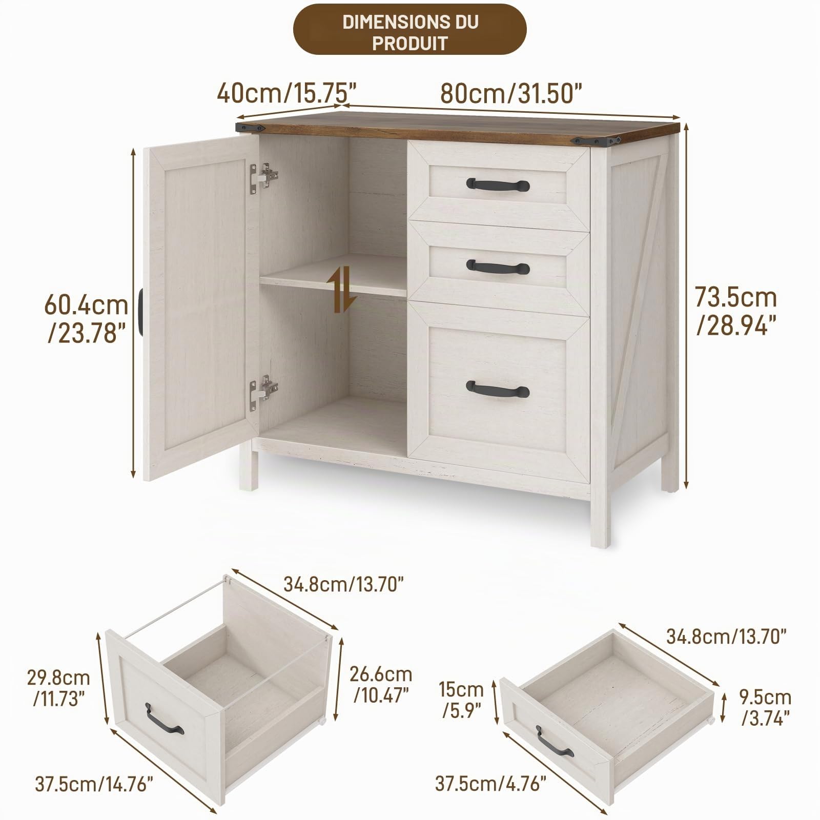 BonVache Meuble de Rangement Bureau 3 Tiroirs, Armoires à classeurs latéraux Style Campagnard, Meuble Imprimante avec Rangement, Blanc Rustique pour Dossiers Suspendus A4/Letter, 80 cm