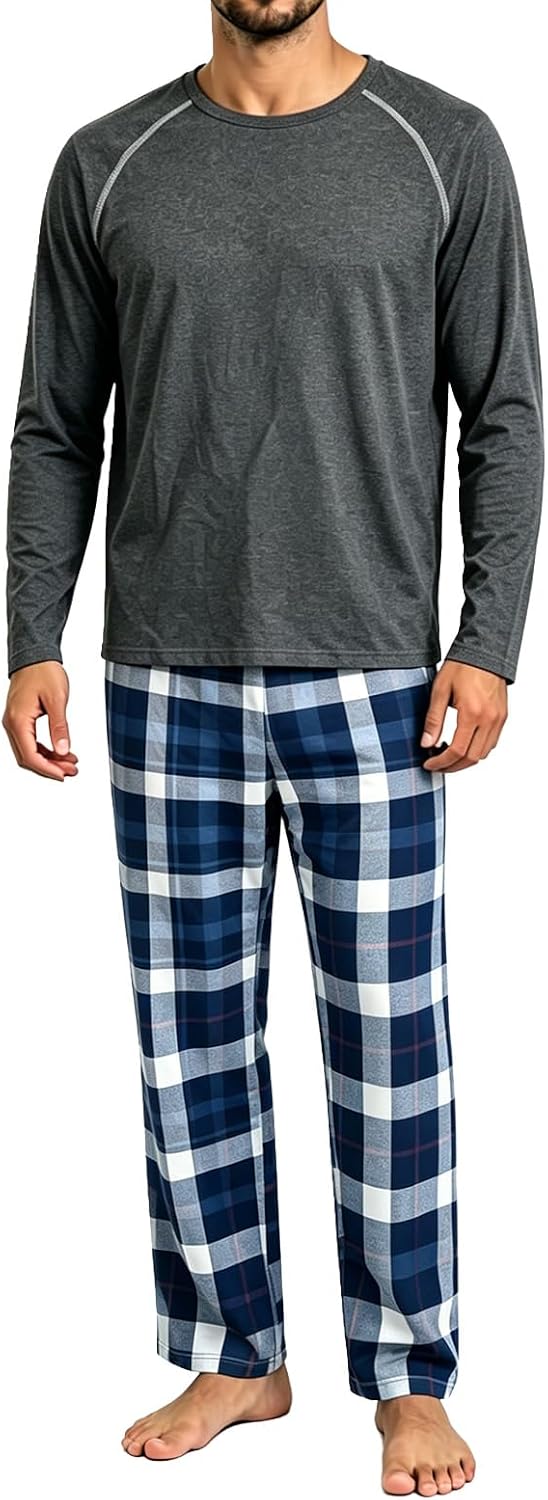 Men's Long Sleeve Pajama Set - Plaid Pants Soft Sleepwear