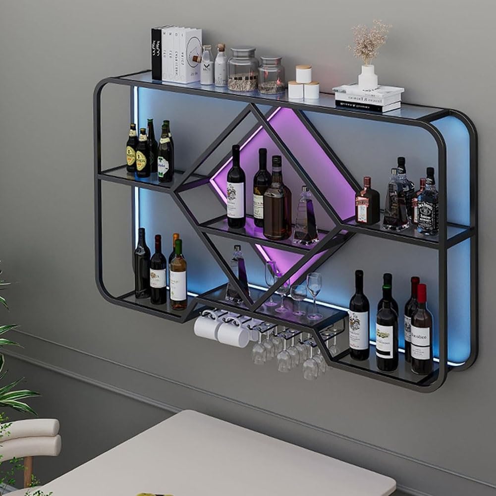 Estantes De Vino Colgantes En La Pared Con Lámparas Led, Estante De Copa De Vino Colgante De Metal Moderno Estante De Exhibición De Botellas Creativas Adecuado Para Bar Familiar, Cafetería (Colore :