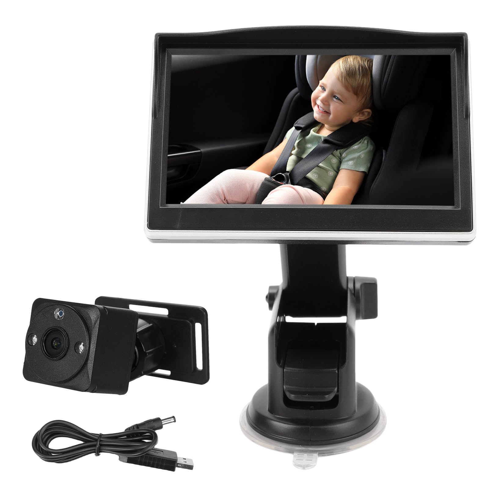 Ejoyous Elektroniczna Niania Samochodowa, 5-calowa Kamera Samochodowa dla Dziecka ABS z Noktowizorem 1080P, Szeroki Kąt Obrotu 150° w Zakresie 360°, Monitor Tylnego Siedzenia dla Niemowląt i Małych
