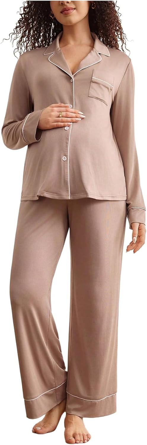 MakeMeChic Women's Maternity Pajama Set Button Down Shirt Pants Sleepwear