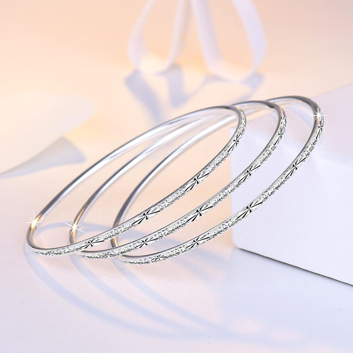 Three Sets Women Jewelry Solid 925 Sterling Silver Carving Women's Cuff Bracelet Bangle Jewelry Gift,Frosted Bracelet,Gypsophila Bracelet (58MM) - Image 6