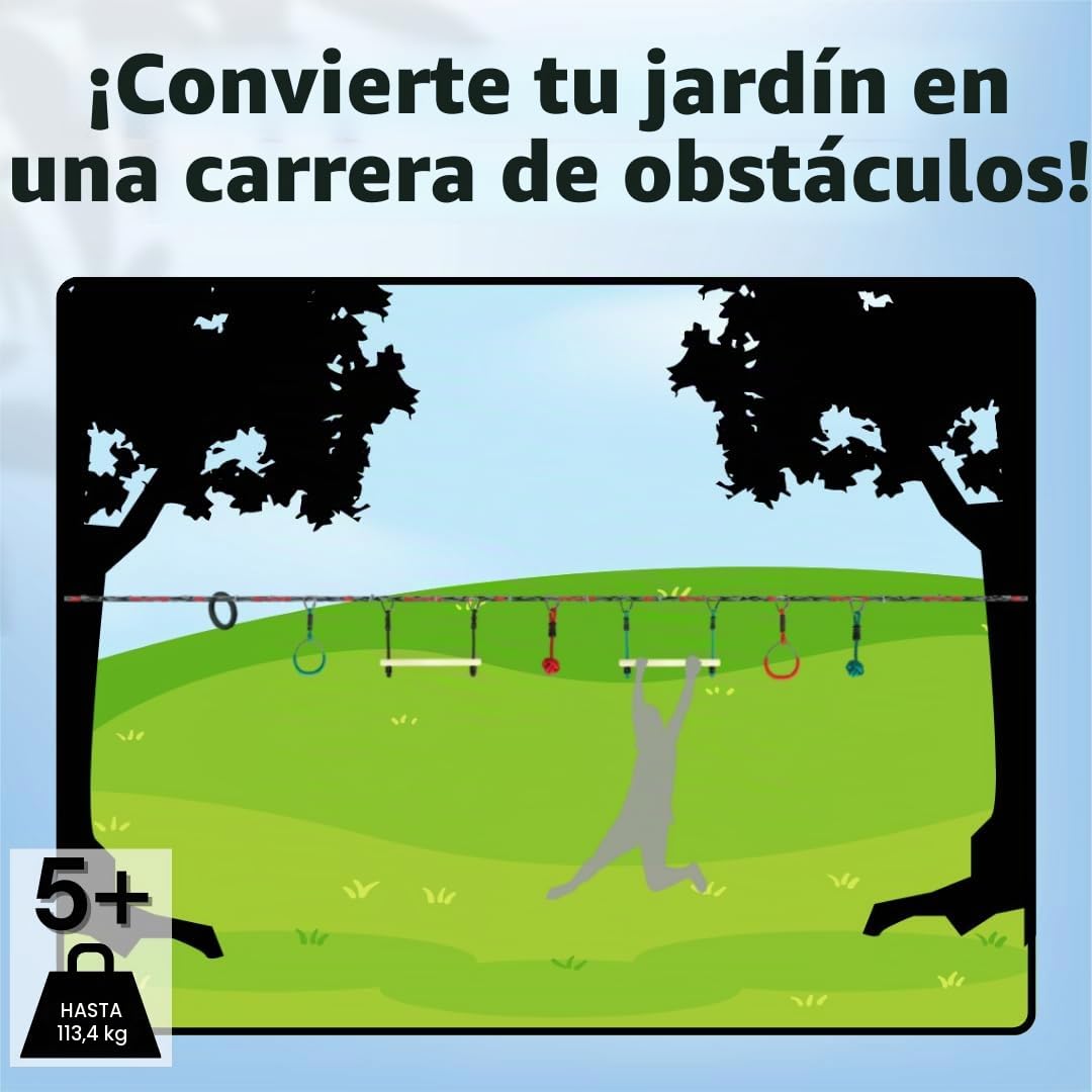 Slackers Ninja Line Starter Set - Recorrido Colgante al Aire Libre & Slackline para niños Mayores de 5 años- Juego Completo con 11 m de Slackline, 7 obstáculos, trinquete & Bolsa de Transporte