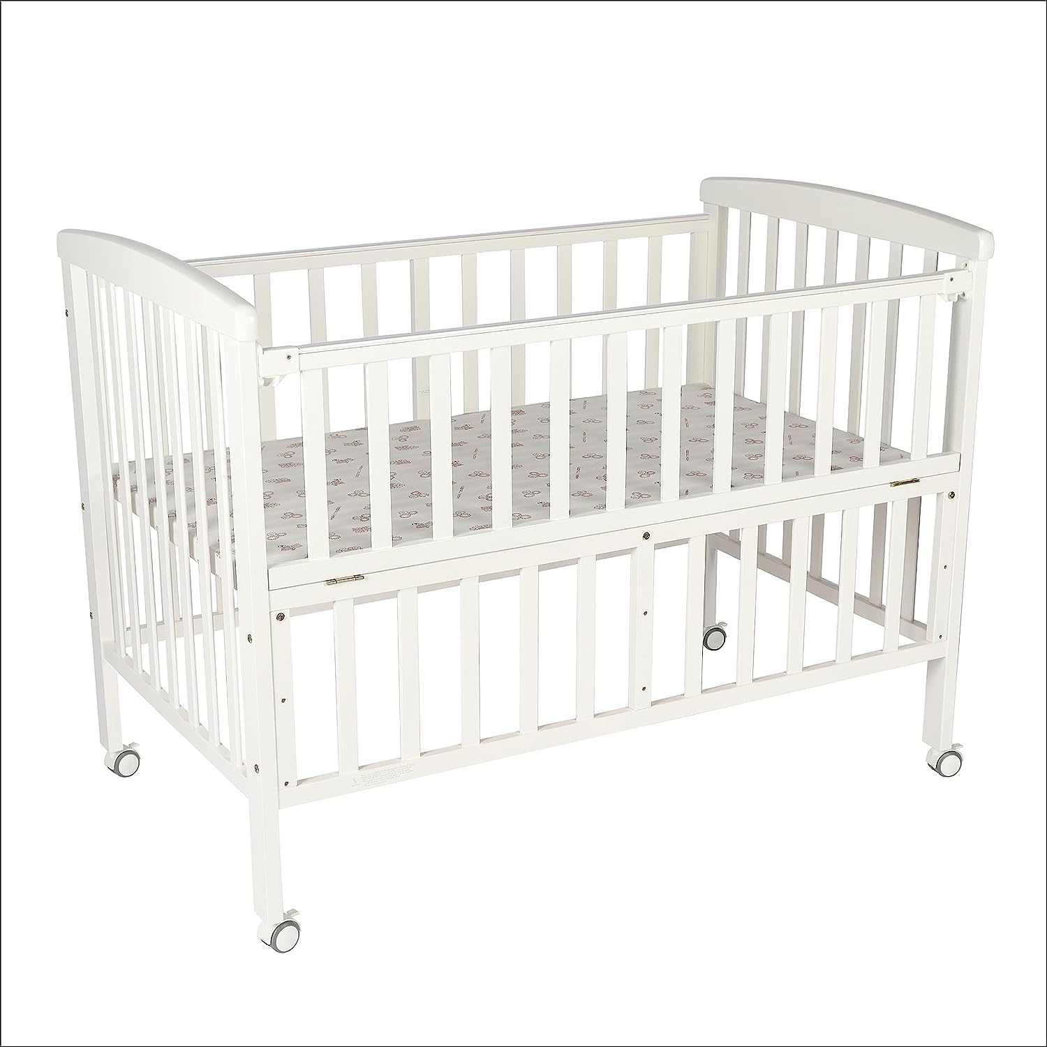 The Moon Brand Wooden Portable crib(129X69X96 cm), 3 level height adjustment with folding rail, Universal casters, Durable and Decay resistant, New Zealand pine wood, upto 50kg -0-4 years-White