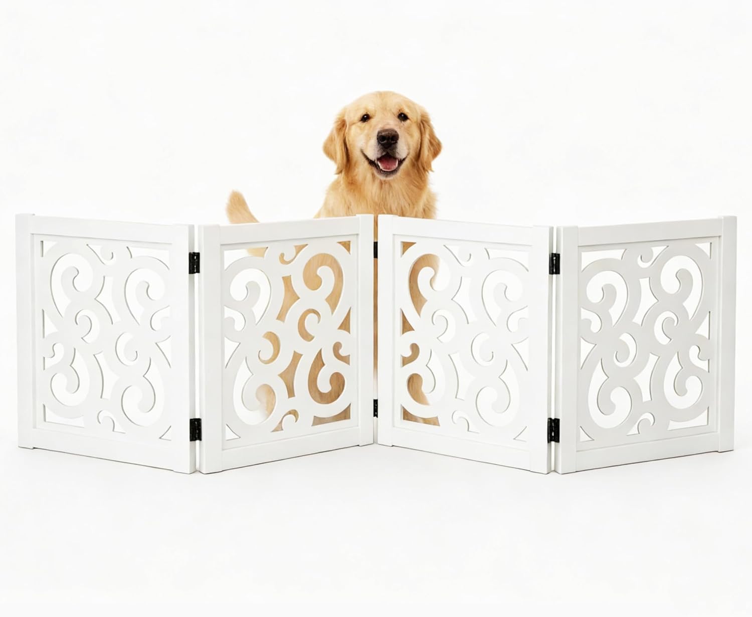 Ashfield & Harkness: 4-Panel Pet Gate - Scroll White - Wooden Foldable Freestanding Dog Fence, 80 x 23.5, Doorways-Halls-Stairs, 360 Rotated Hinges