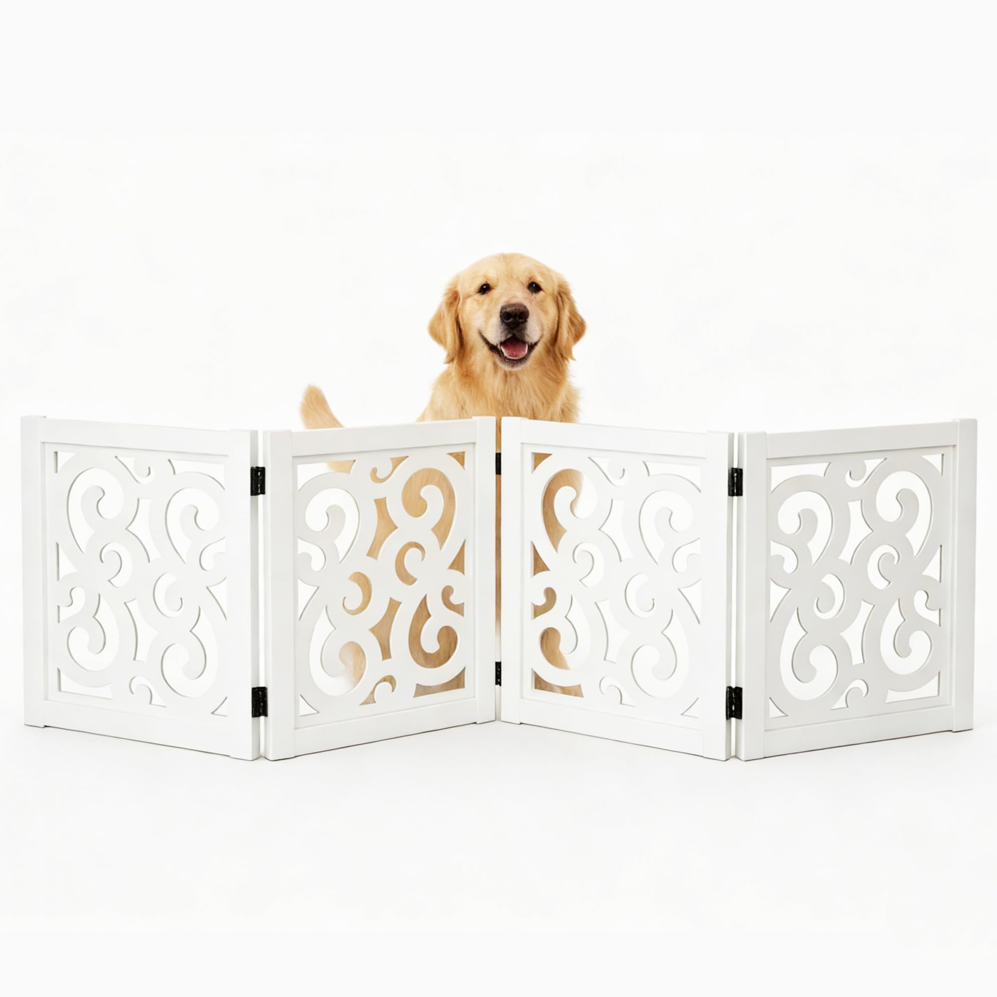 Ashfield & Harkness: 4-Panel Pet Gate - Scroll White - Wooden Foldable Freestanding Dog Fence, 80 x 23.5, Doorways-Halls-Stairs, 360 Rotated Hinges - 2