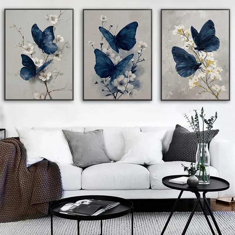 Affiches sur toile de papillons bleus et fleurs aquarelle abstraite