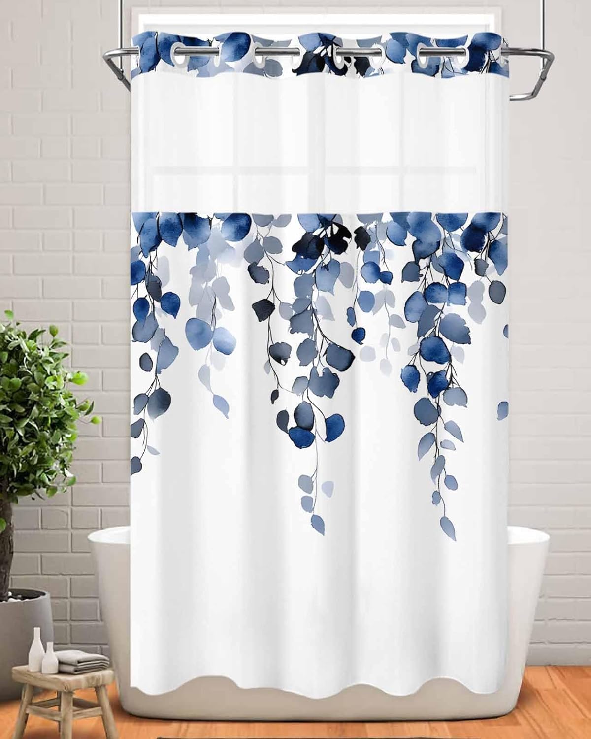 No Hook Shower Curtain with Snap in Fabric Liner Set- Navy Blue Eucalyptus Leaves Bathroom Curtains with See Through Mesh Top Window,Watercolor Vine Plant Waterproof Double Shower Curtain 36x72In