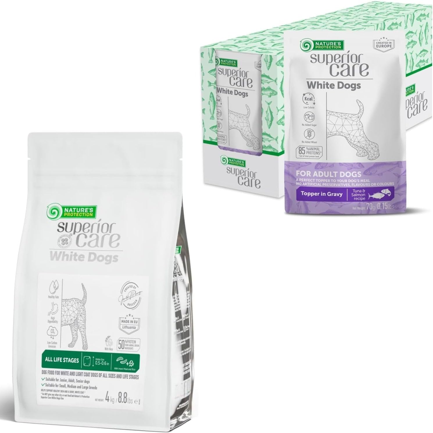 Nature's Protection Superior Care White Dogs Rice Based Dry Dog Food Insect Flavor & Wet Food with Tuna & Salmon