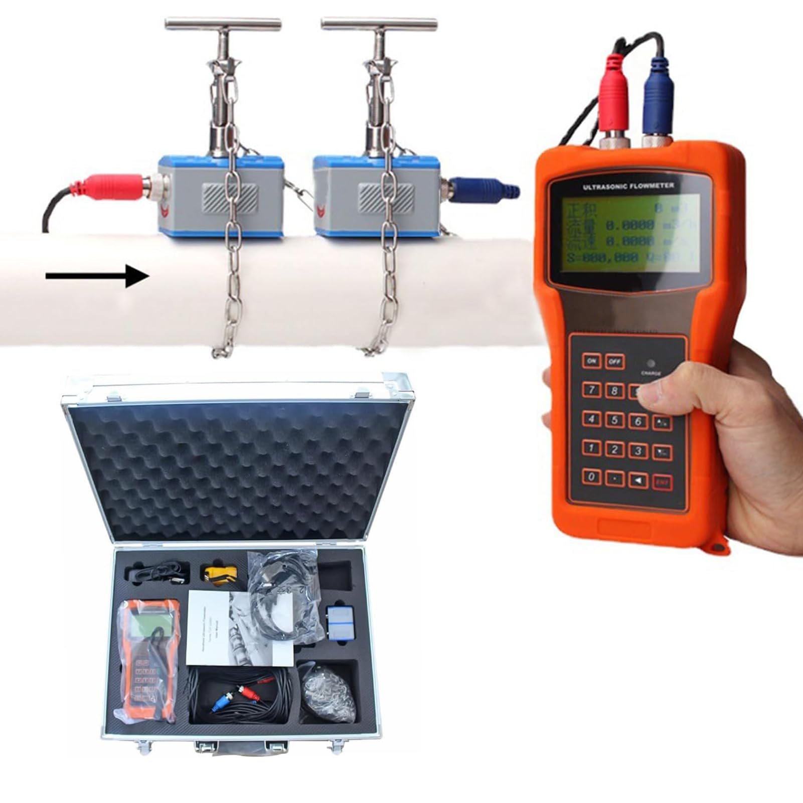 LESBJFDM Handheld Ultrasonic Flow Meter, Portable Clamp-On Sensor Water With Clip-On Sensor LCD Screen For Industrial, Compatible With DN300-6000mm, TUF-2000H, Accurate Measurement, Easy To Use