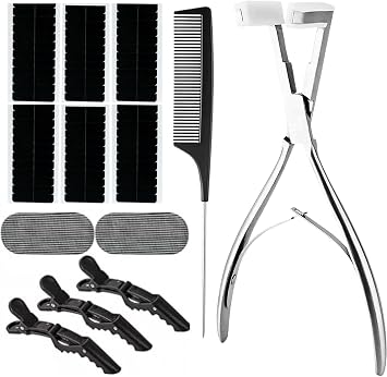 Hair Extensions Tools Kit, Professional Tape in Hair Sealing Pliers Flat Surface Hair Extension Plier Tools with Double Sided Replacement Adhesive Tape Tabs -Silvery