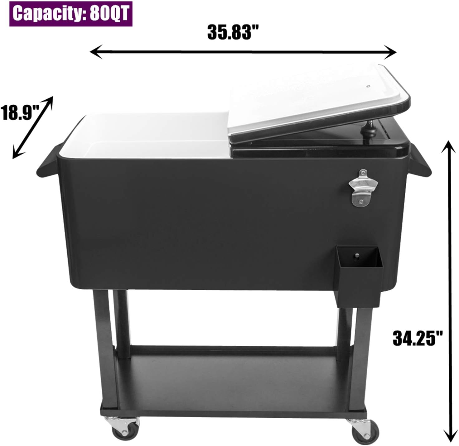 TYNAWYNW New Version & Stronger 80 Quart Rolling Cooler Cart, Outdoor Ice Chest, Cooler Trolley with Wheels & Shelf & Bottle Opener & Handle, Portable Drink Beverage Bar for Patio Pool Party (Black)