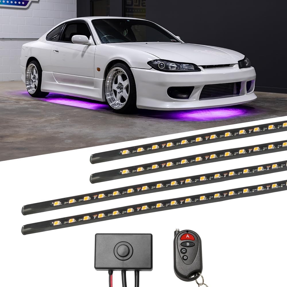 LEDGlow 4pc Purple Flexible Car Slimline LED Underbody Underglow Accent Neon Lighting Kit - 4 Unique Patterns - Water Resistant, Low Profile Tubes - Includes Control Box & Remote