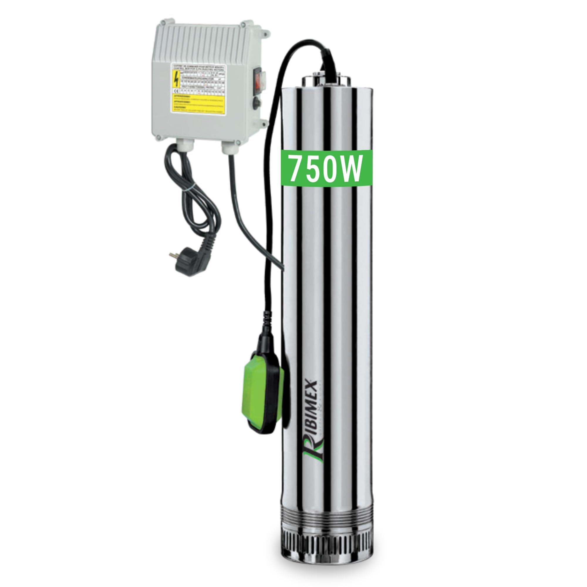 Ribimex Pompa Sommersa per Pozzi 4 Turbine, Acque Chiare, 750W, Portata 8000L/​h, Immersione Max 15 m, Prevalenza 43 m, in Acciaio Inox, Ideale per Pozzi, Cisterne e Serbatoi - PRPVC751/​43F