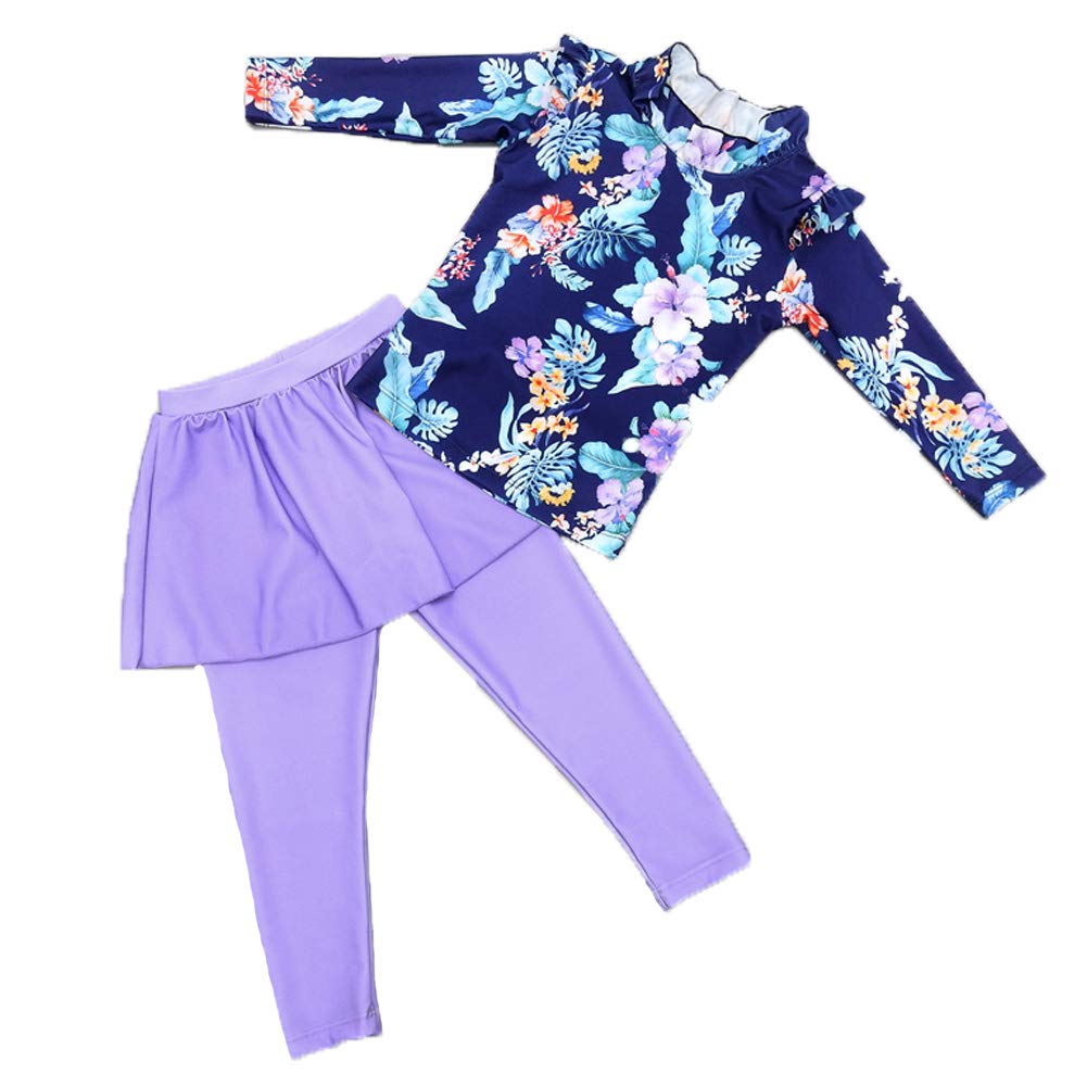 Monvecle Girls Long Sleeve 2-Pieces Sunsuit Swimsuit Set Swimwear Sun Protection Swimsuit Set UPF 50+ Navy/Purple 4-5y