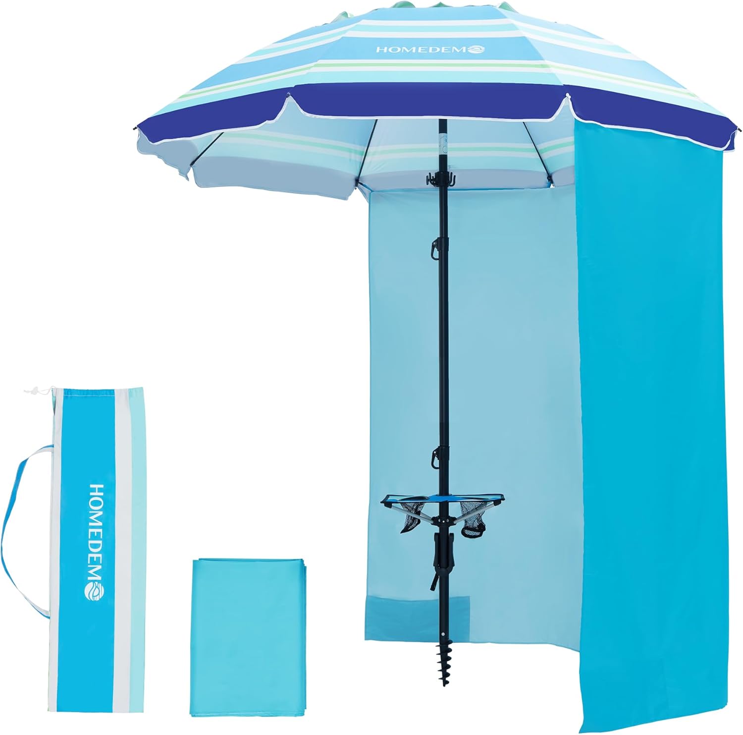 HOMEDEMO Heavy Duty High Wind Beach Umbrella with Sand Anchor,Built-in Table Tray & Tilt Pole&Hook& Curtain, UPF 50+ Windproof Portable Beach Umbrella for Patio Garden Pool Backyard