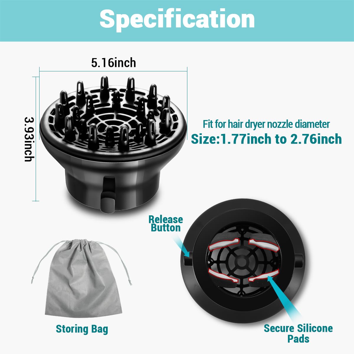 KAHEM Universal Hair Diffuser, Adjustable from 1.77 Inch to 2.76 Inch, Hair Dryer Diffuser Attachment for Frizz-free curly hair,Professional Blow Dryer Diffuser - Image 6