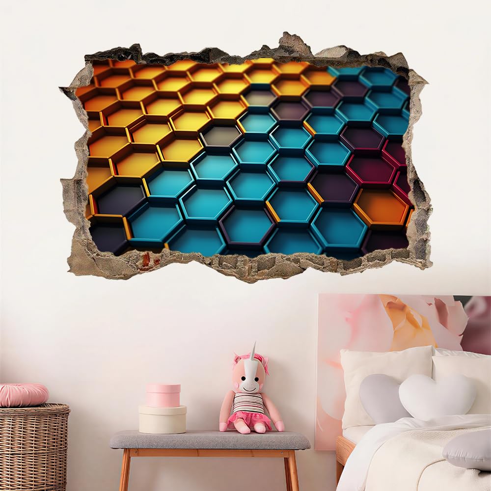 Pegatinas de decoración de pared 3D Panal Pegatinas De Pared Calcomanías Murales De Pared Rotas 3D Geometría Coloreada Vinilo De Pared Arte Hogar Decoración De Pared 120x80cm