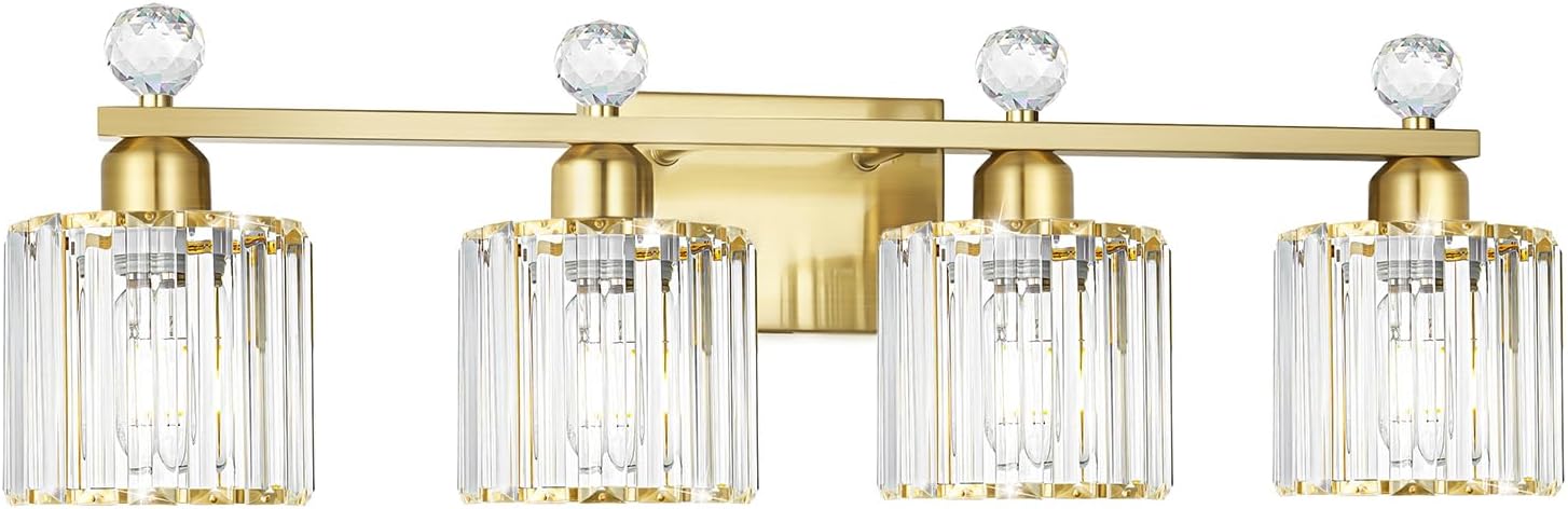Modern Crystal Bathroom Vanity Light, 4-Lights Bathroom Light Fixtures, Brass Gold Vanity Lighting Fixtures Over Mirror, Brushed Wall Sconce Light for Bedroom, Kitchen, Living Room, Gallery, E26 Base