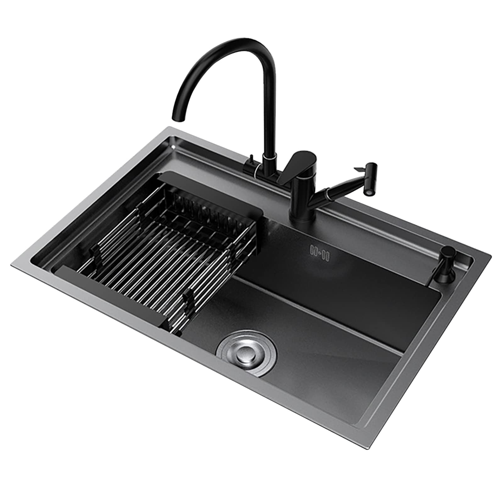 Lavello Da Cucina Nero In Acciaio Inox 80x50x20 Cm - Vasca Singola Con Rubinetto, Montaggio Sottopiano
