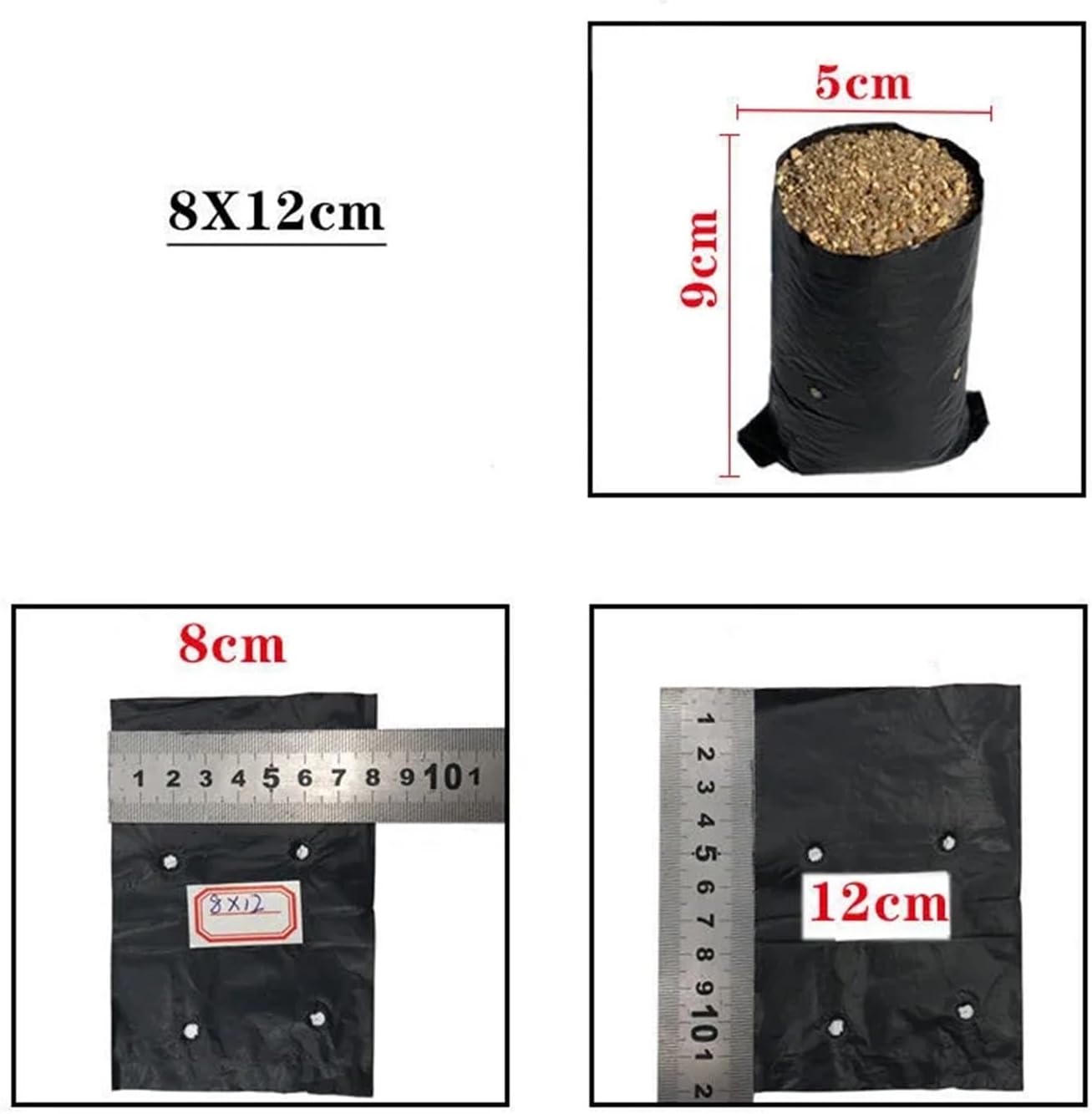 100Pcs PE Black Plastic Nursery Bags Plant Grow Bags Seedling Pots Sapling Cultivation Bag with Holes for Garden Supplies (Color : Black, Size : 8x12cm)