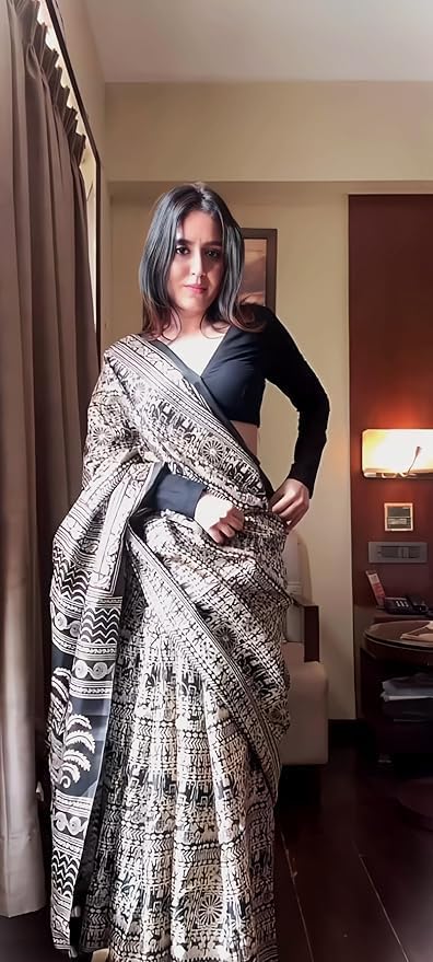 Women's Art Silk Cotton Kalamkari Print Saree with Blouse Piece, Traditional Indian Ethnic Saree, Lightweight Soft Fabric, Party Wear & Casual Wear, Jet Black & Beige, One Size