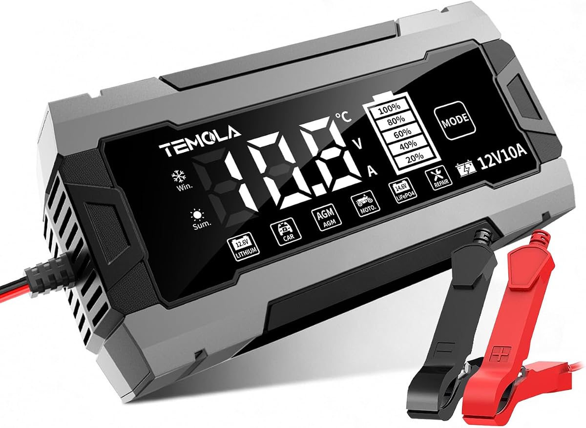 12V 10A Smart Battery Charger, Automatic Battery Maintainer | Trickle Charger with Pulse Repair, LCD Display, Temperature Compensation, for AGM, Gel, SLA, Deep Cycle Lead Acid Batteries