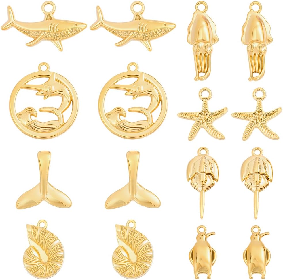 Beebeecraft 16Pcs 8 Styles Marine Life Charms 18K Gold Plated 304 Stainless Steel Sea Animal Charms Ocean Themed Charm for Jewelry Making DIY Crafts Bracelet Necklace
